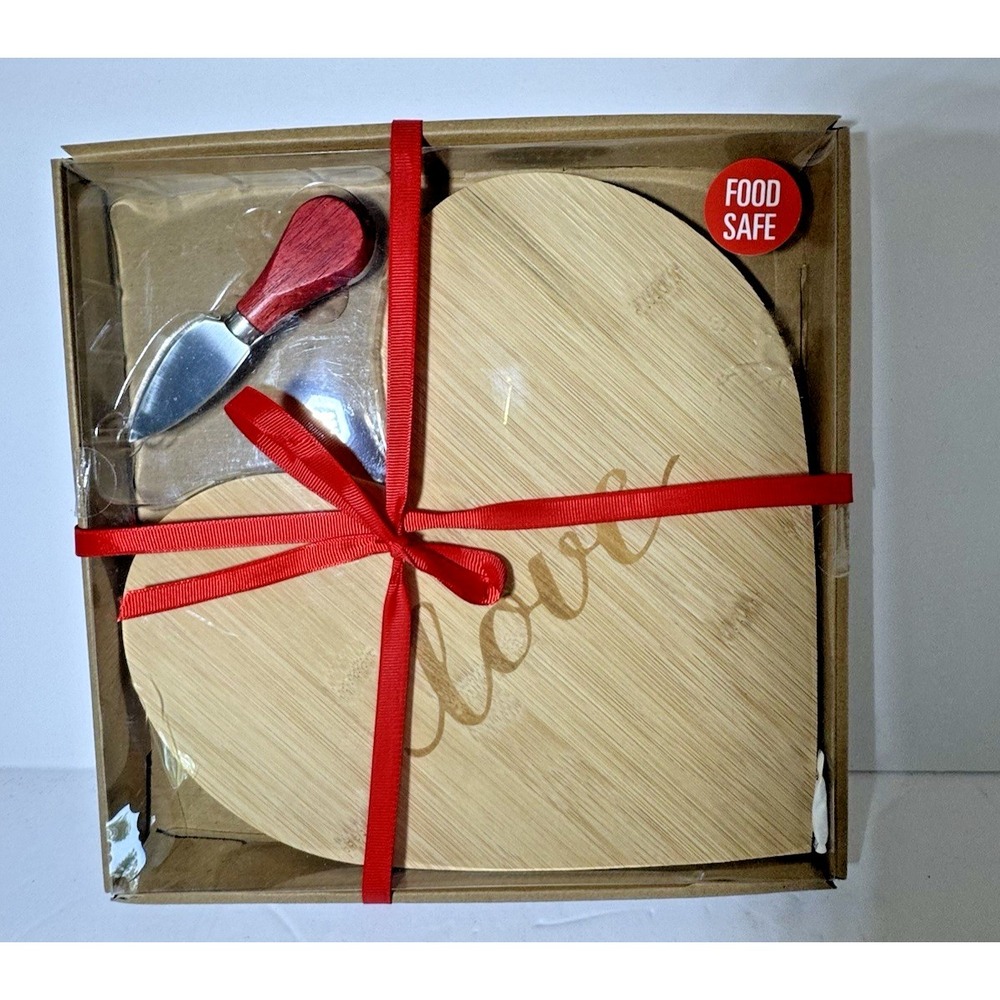 Heart-Shaped Bamboo Cheese Board & Spreader Knife Set Love Engraved Food Safe